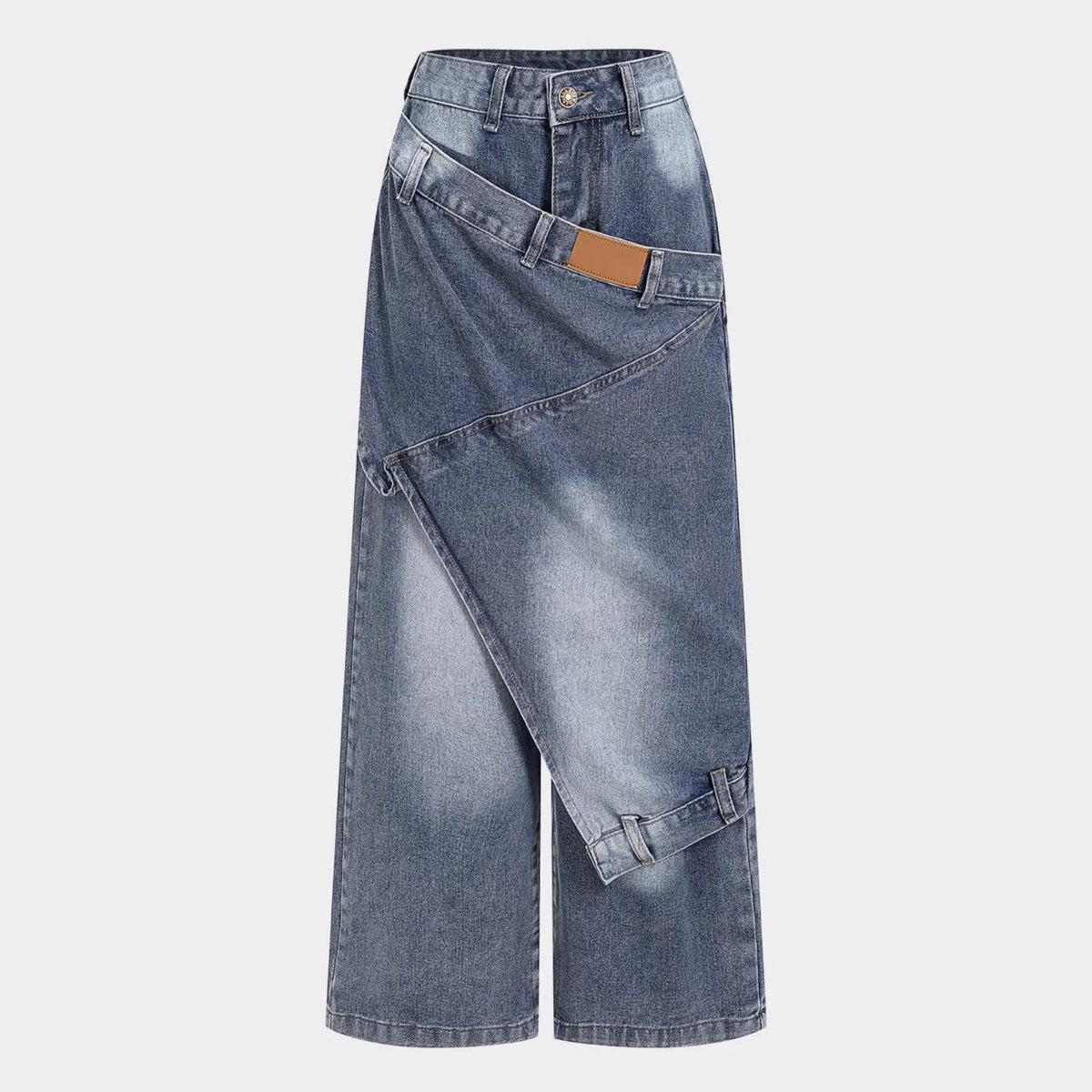 Deconstructed patchwork layered washed denim pants from Plush Fashion Hub, featuring a unique patchwork design and distressed denim style.