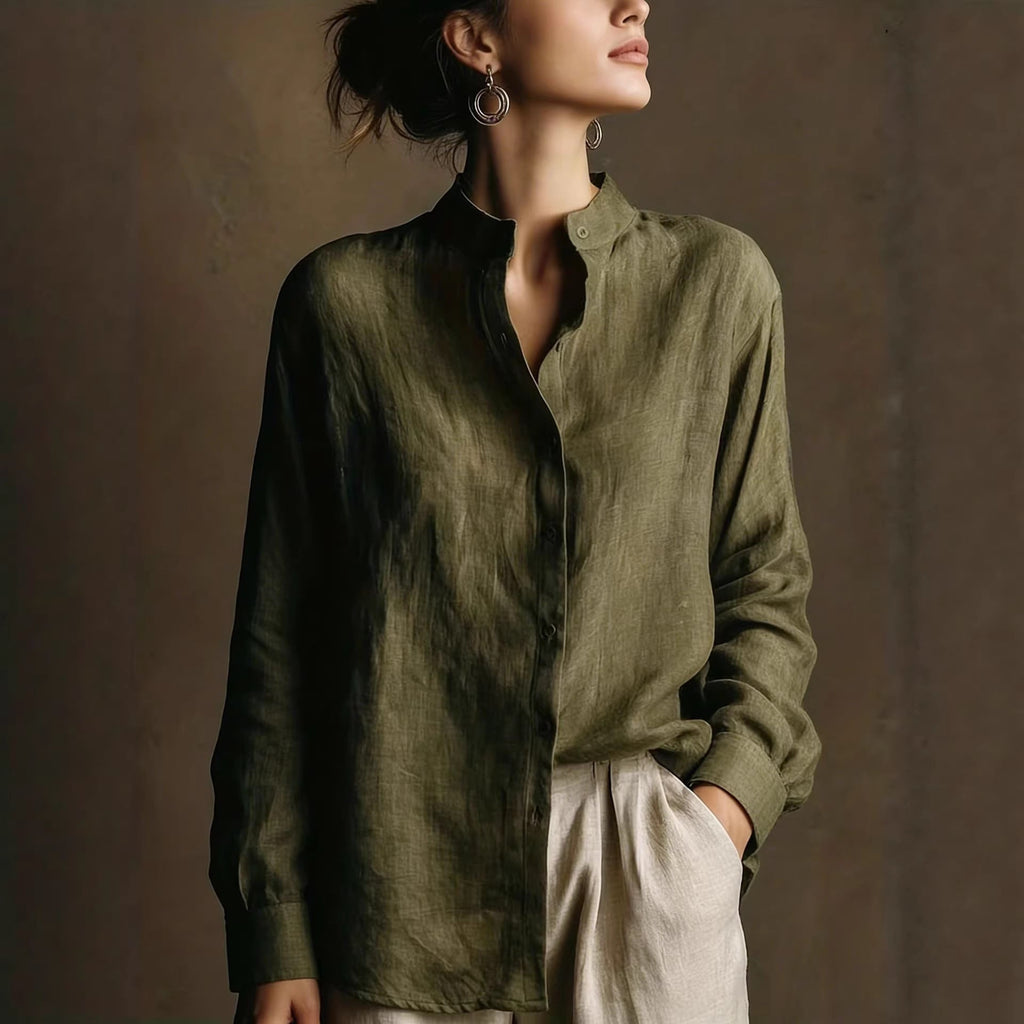 Women's loose-fit cotton linen long sleeve shirt with flip collar by FitiqueFit, shown in natural fabric and casual style.