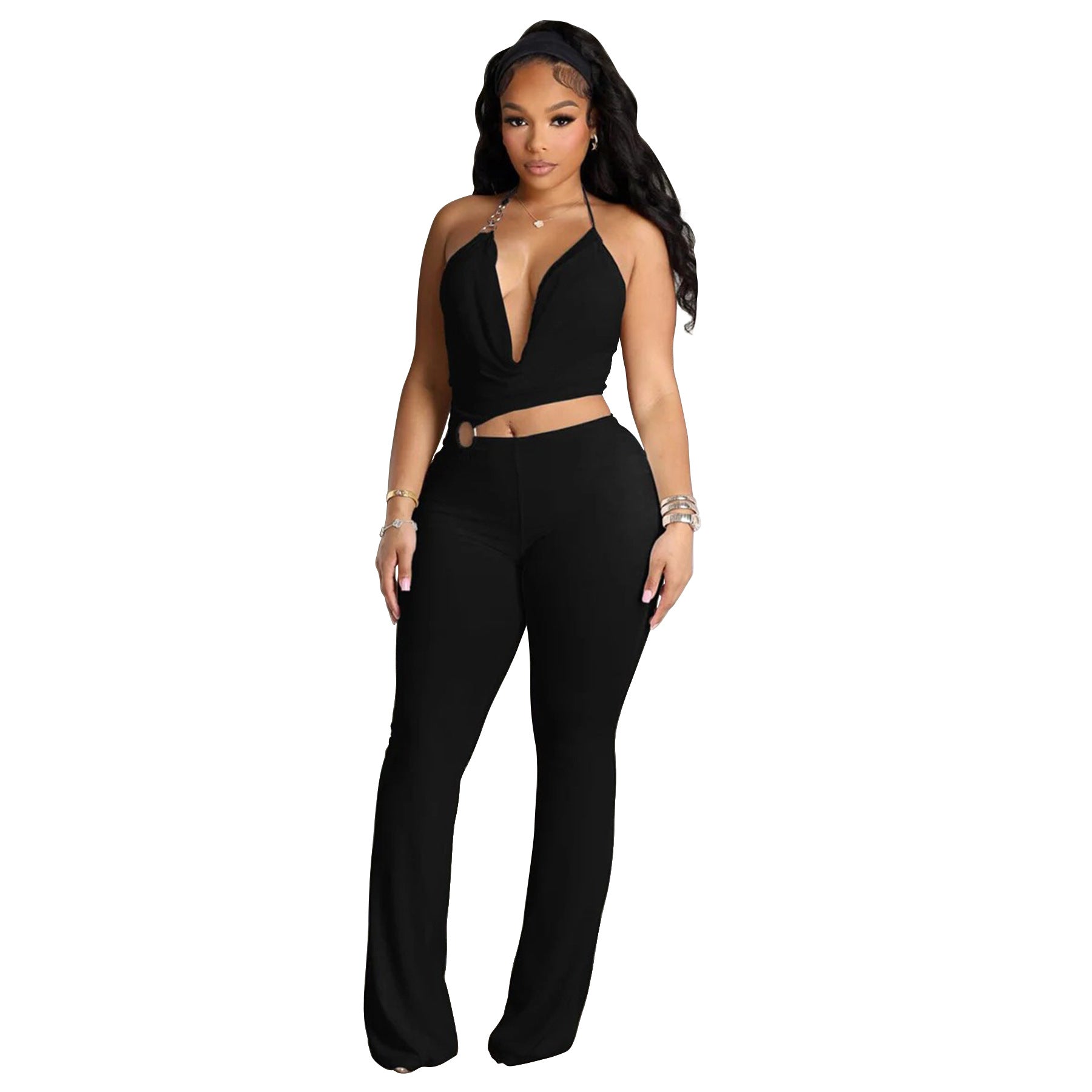 Eprolo sleek halter neck cut-out waist jumpsuit with fitted design, perfect for stylish, modern fashion statements.