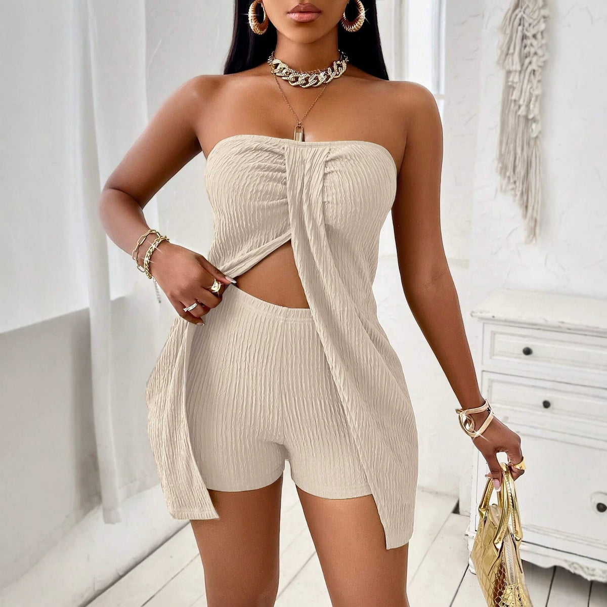 Eprolo sexy strapless knit two-piece set with shorts, casual women's jumpsuit featuring a waist-baring design and stylish fit.