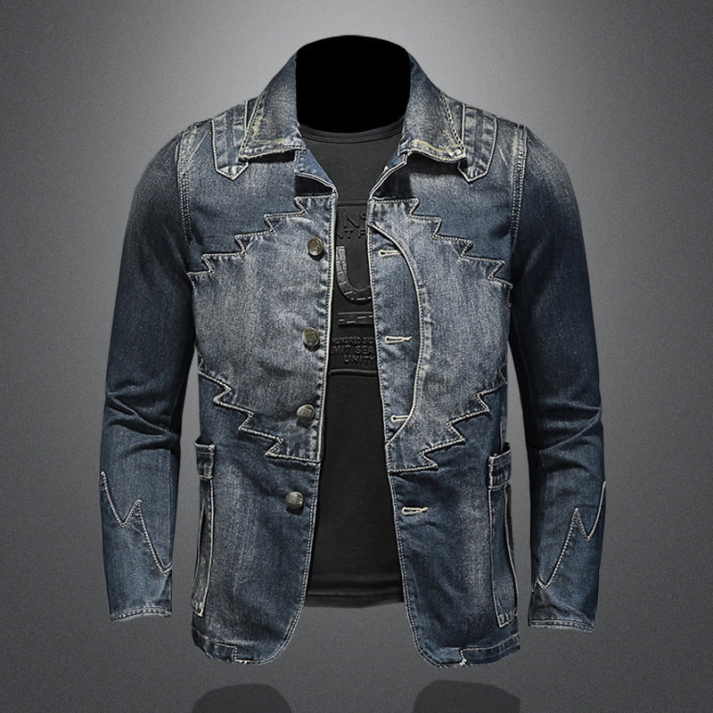 Blue denim jacket with jagged overlay style, front buttons, and zig-zag cuffs.