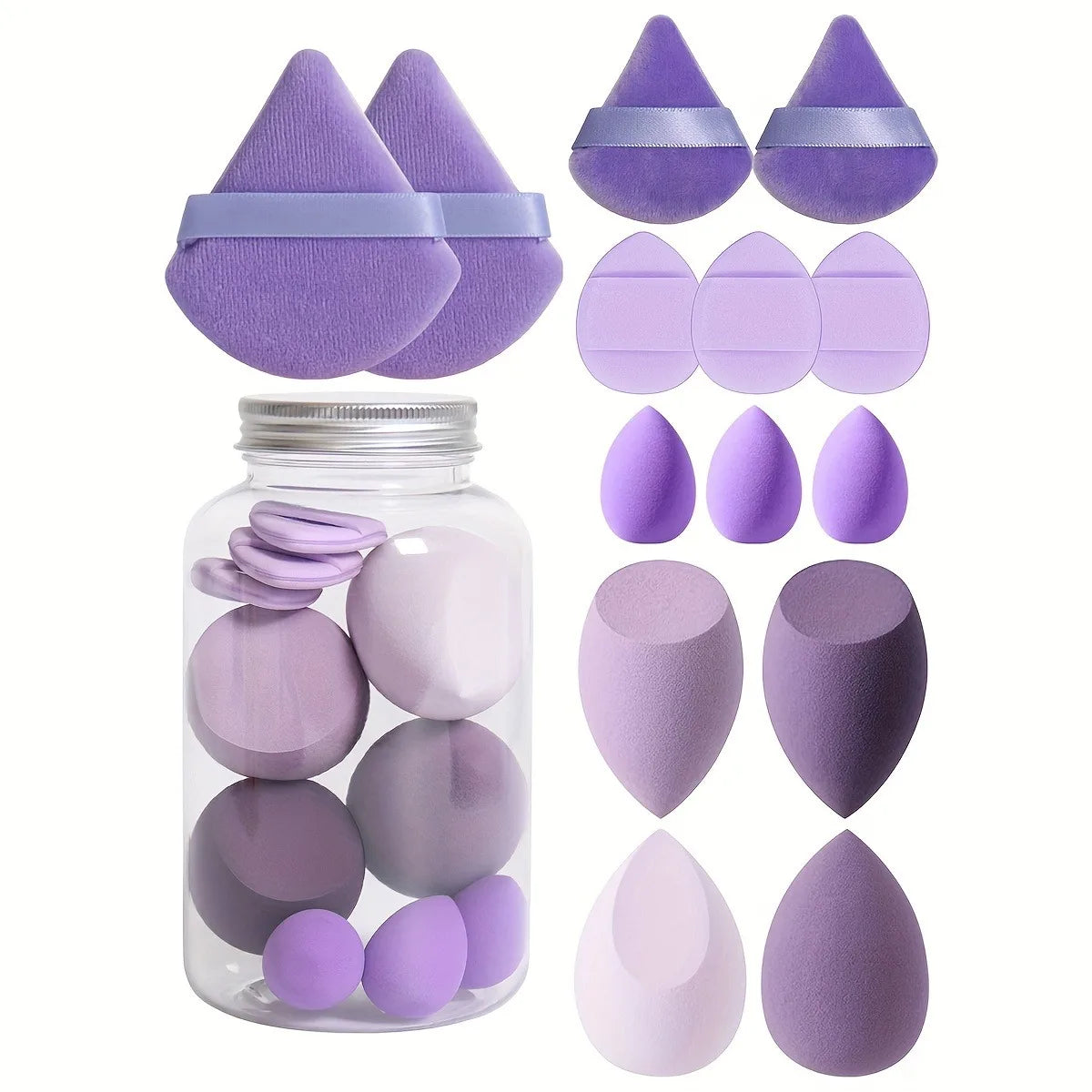 Purple makeup sponges and powder puffs in various shapes, with a clear storage jar.