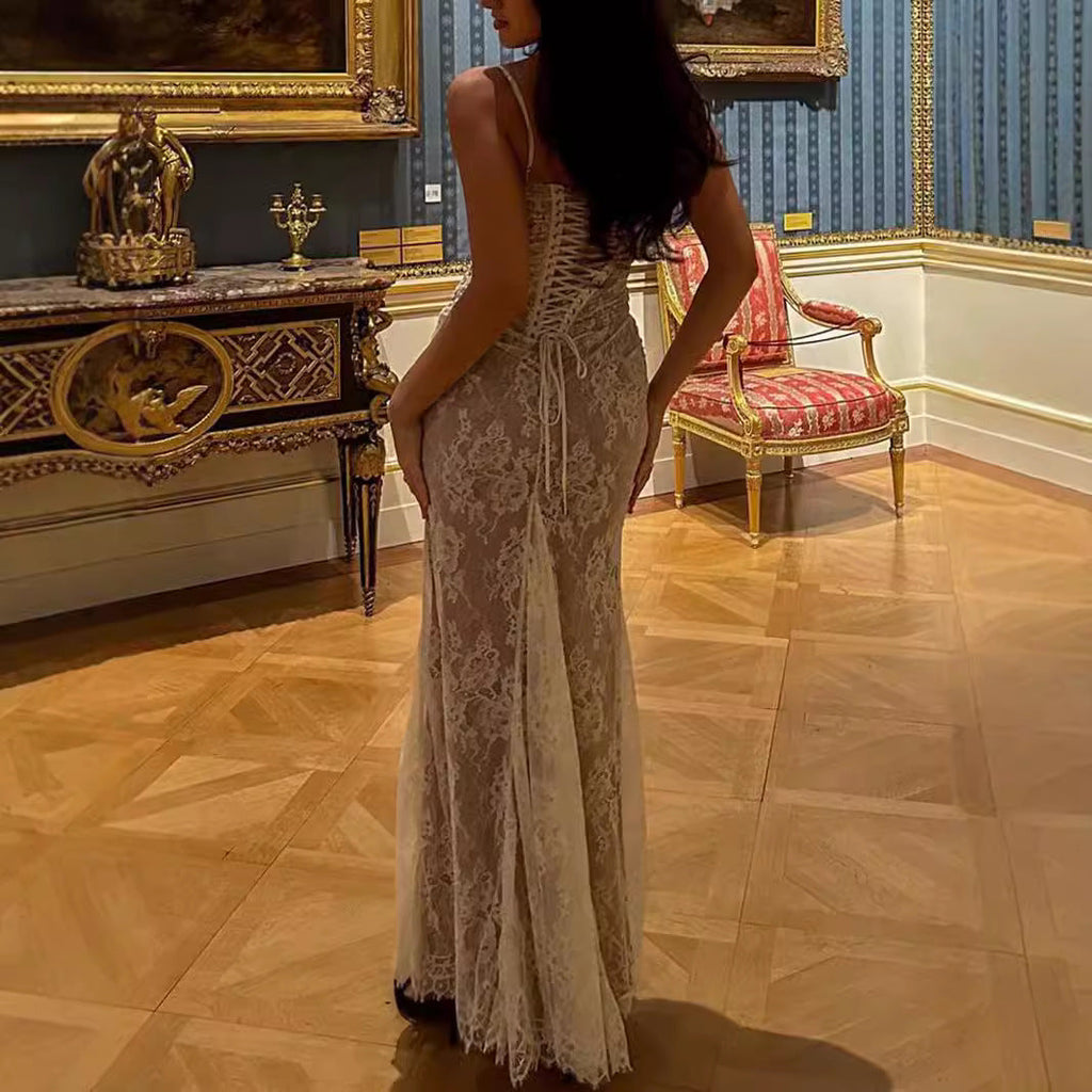 Lace shawl and two-piece mermaid maxi dress set with long sleeves by FitiqueFit, showcasing elegant fabric and intricate detailing.