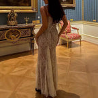 Lace shawl and two-piece mermaid maxi dress set with long sleeves by FitiqueFit, showcasing elegant fabric and intricate detailing.