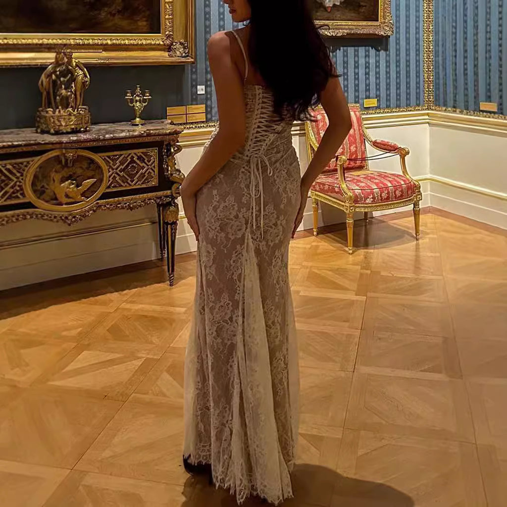 Elegant Long-Sleeve Backless Lace Mermaid Maxi Dress