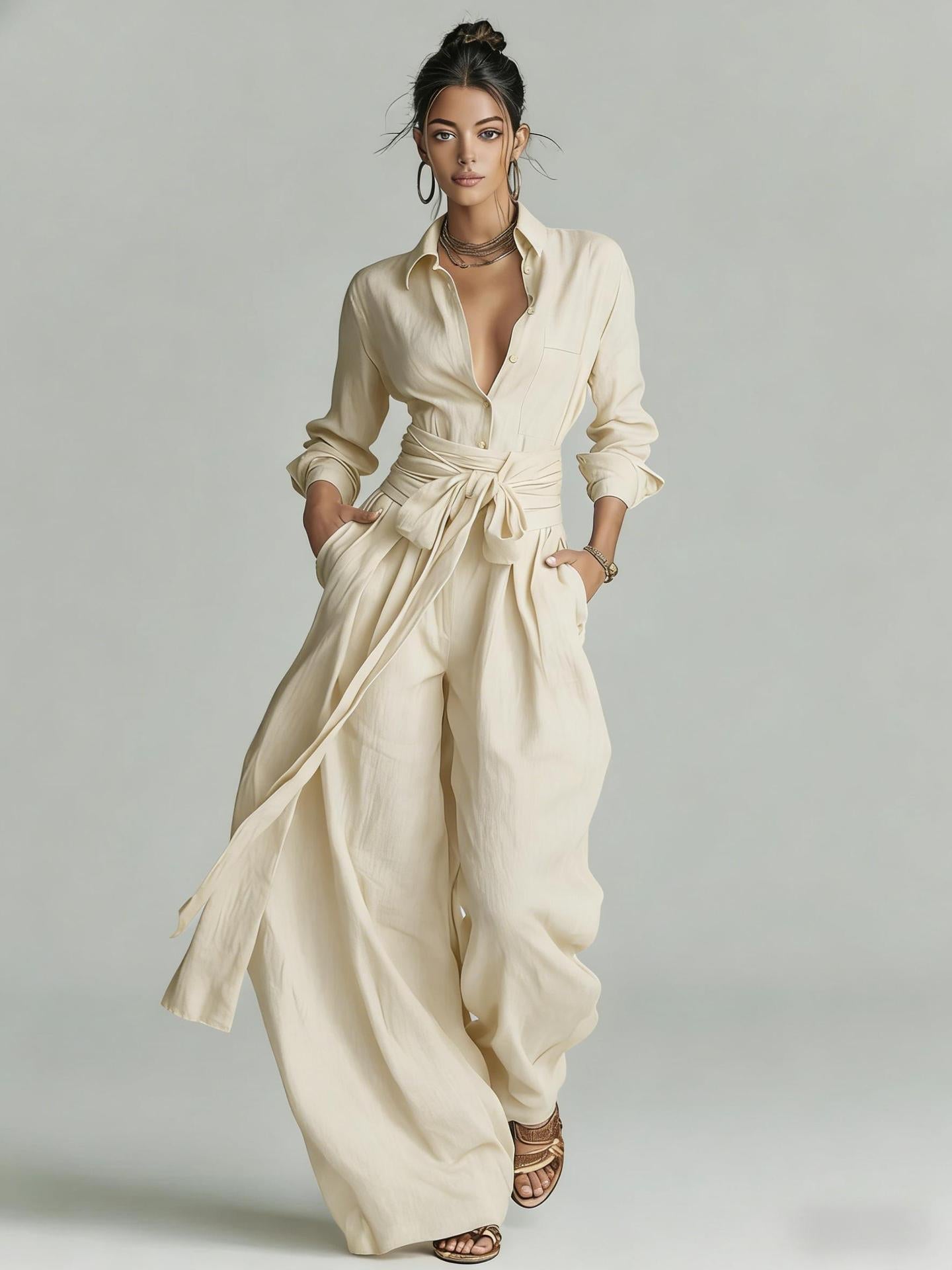 Women's collar long sleeve top and high-waist pants two-piece casualwear set by Plush Fashion Hub in five colors, shown in a stylish indoor setting.