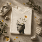 Wear Your Worship Still Becoming T-Shirt featuring cracked sculpture and flower growth design, showcasing artistic and inspiring imagery.
