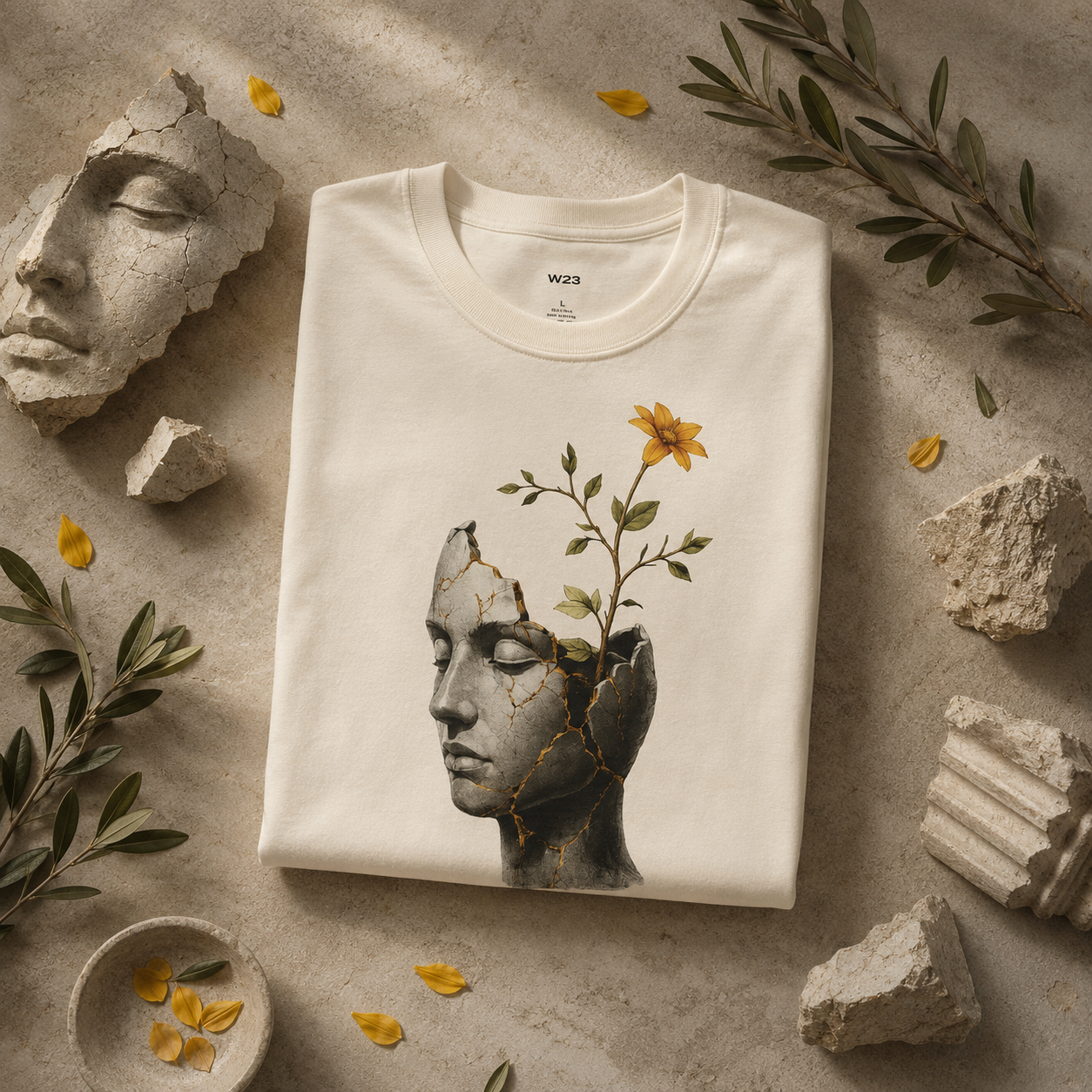 Wear Your Worship Still Becoming T-Shirt featuring cracked sculpture and flower growth design, showcasing artistic and inspiring imagery.