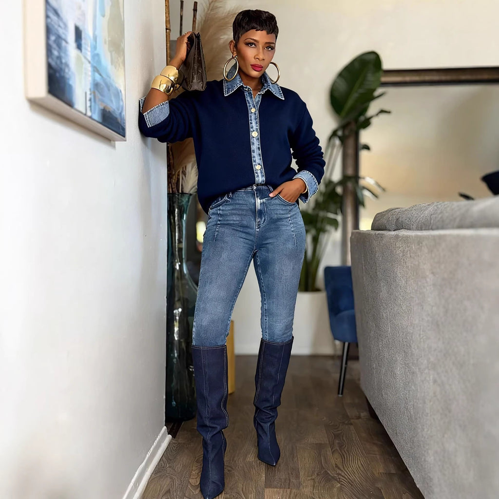 Fashion Patchwork Faux Two-Piece Denim Shirt Collar Metal Button Sweater