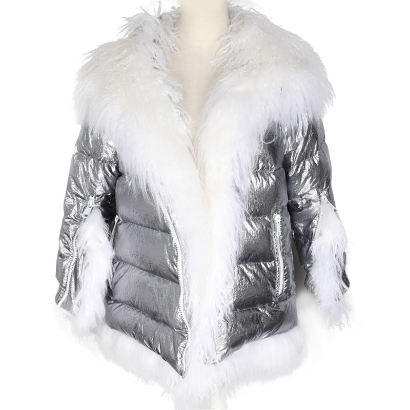 Silver metallic puffer jacket with fluffy white faux fur collar, hem, and sleeve accents.