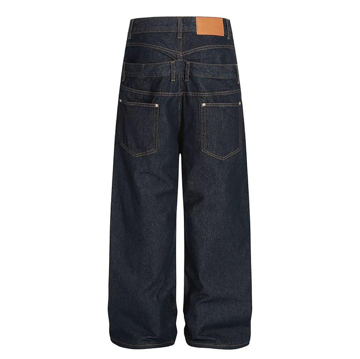 Plush Fashion Hub double waistband rivet spliced denim jeans with distressed details and classic five-pocket design.