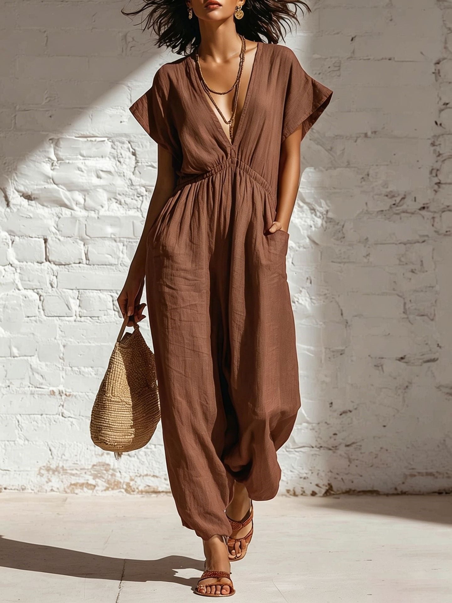 Women's deep V-neck three-quarter sleeve high waist wide-leg pants by Plush Fashion Hub, shown in a stylish, flowing design.