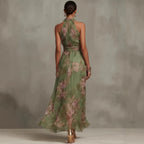 Green graffiti print mesh maxi dress by FitiqueFit, high-waist design with irregular slit, streetwear style suspender dress.