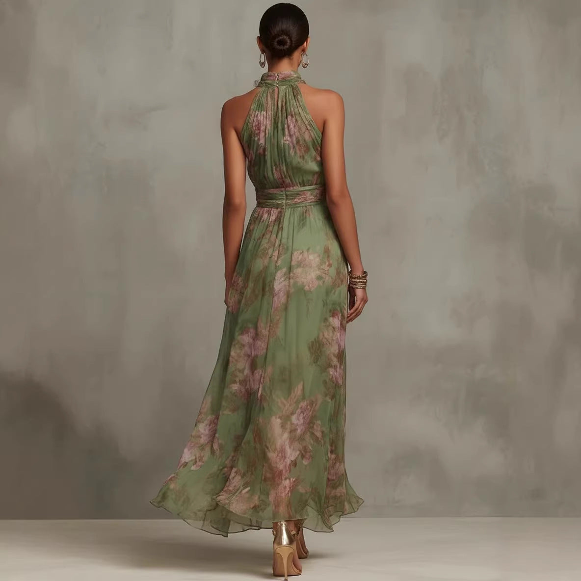 Green graffiti print mesh maxi dress by FitiqueFit, high-waist design with irregular slit, streetwear style suspender dress.