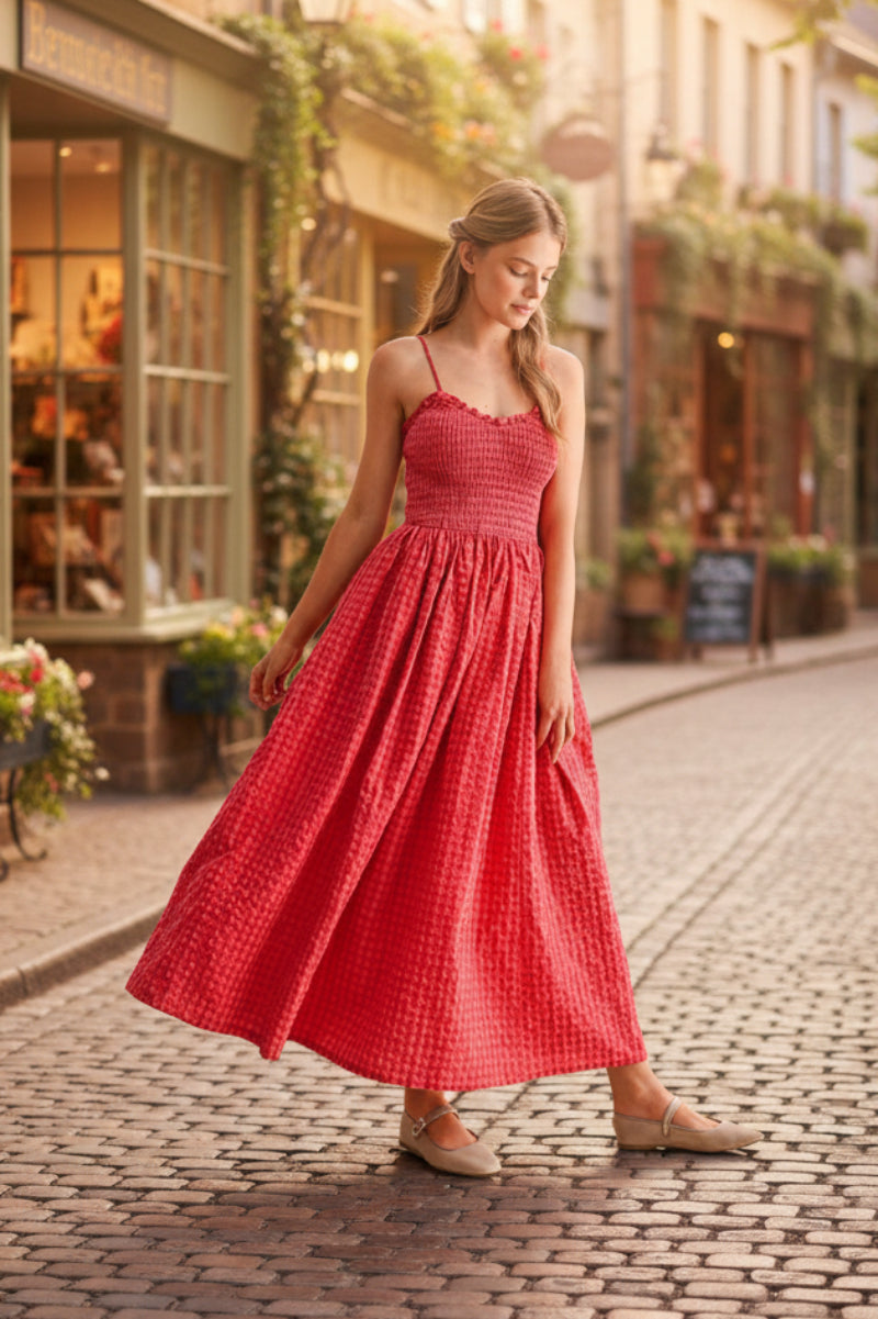 Women's retro plaid sleeveless A-line maxi dress with fitted waist and pleated skirt, casualwear by FitiqueFit.