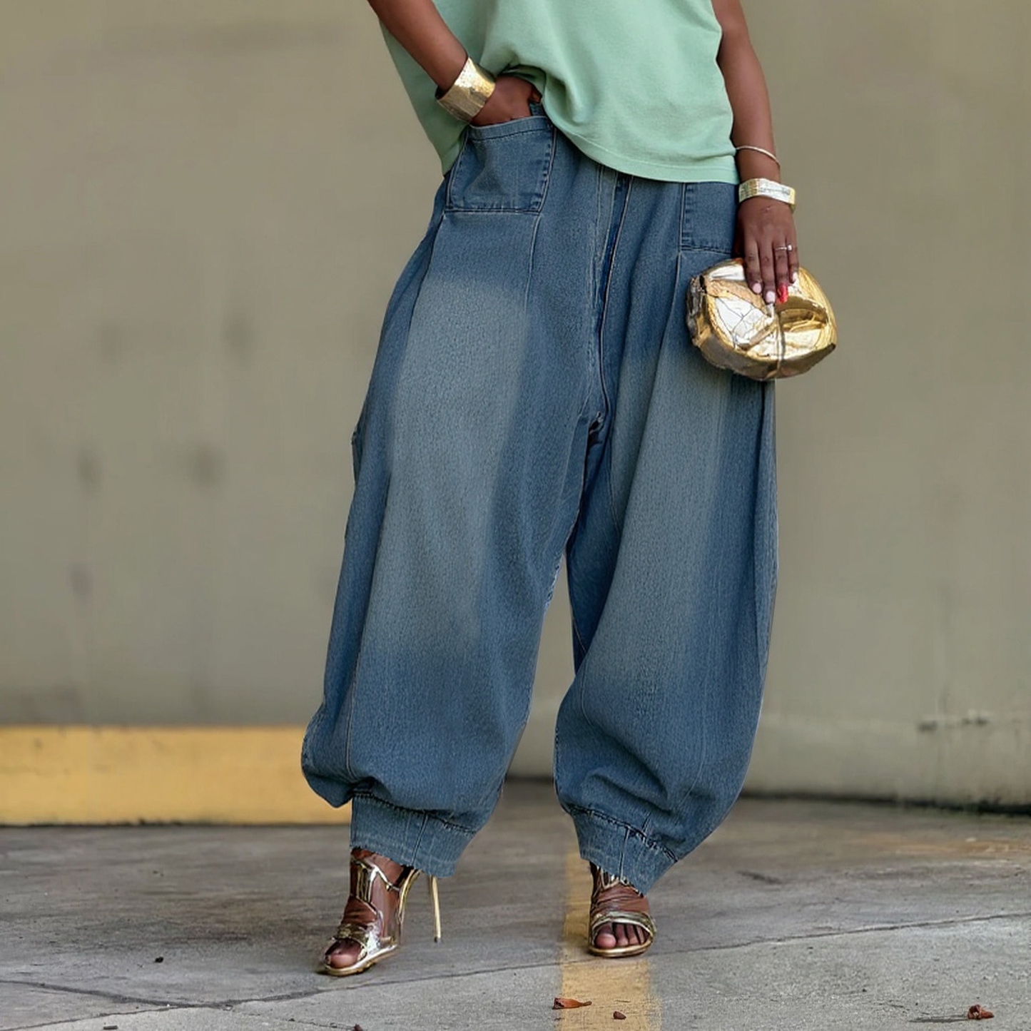 Casual elastic waist wide-leg lantern denim jeans by Plush Fashion Hub, featuring relaxed fit and stylish design.