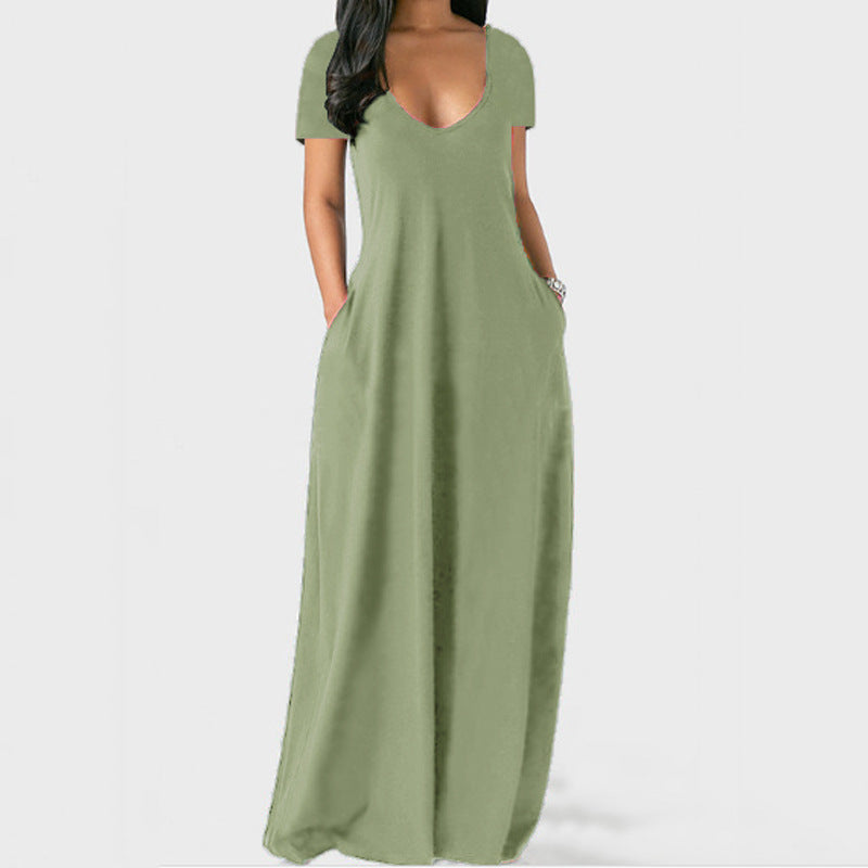 Summer NewWomen's Plus Size Solid Color Dress Sexy Deep V Neck Short Sleeve Long Dress