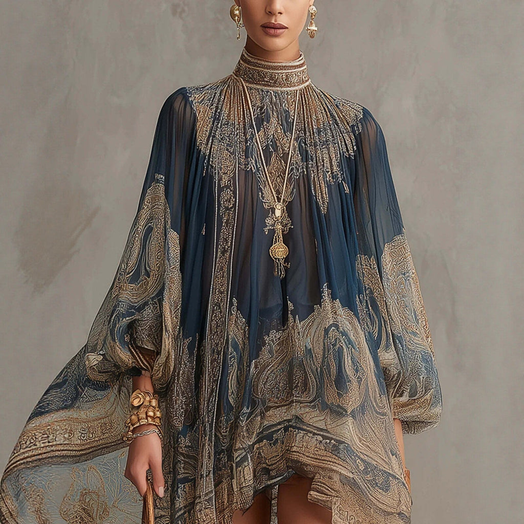 Navy blue printed puff sleeve stand collar boho dress with loose fit and asymmetric hem for women by FitiqueFit.