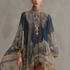 Navy blue printed puff sleeve stand collar boho dress with loose fit and asymmetric hem for women by FitiqueFit.