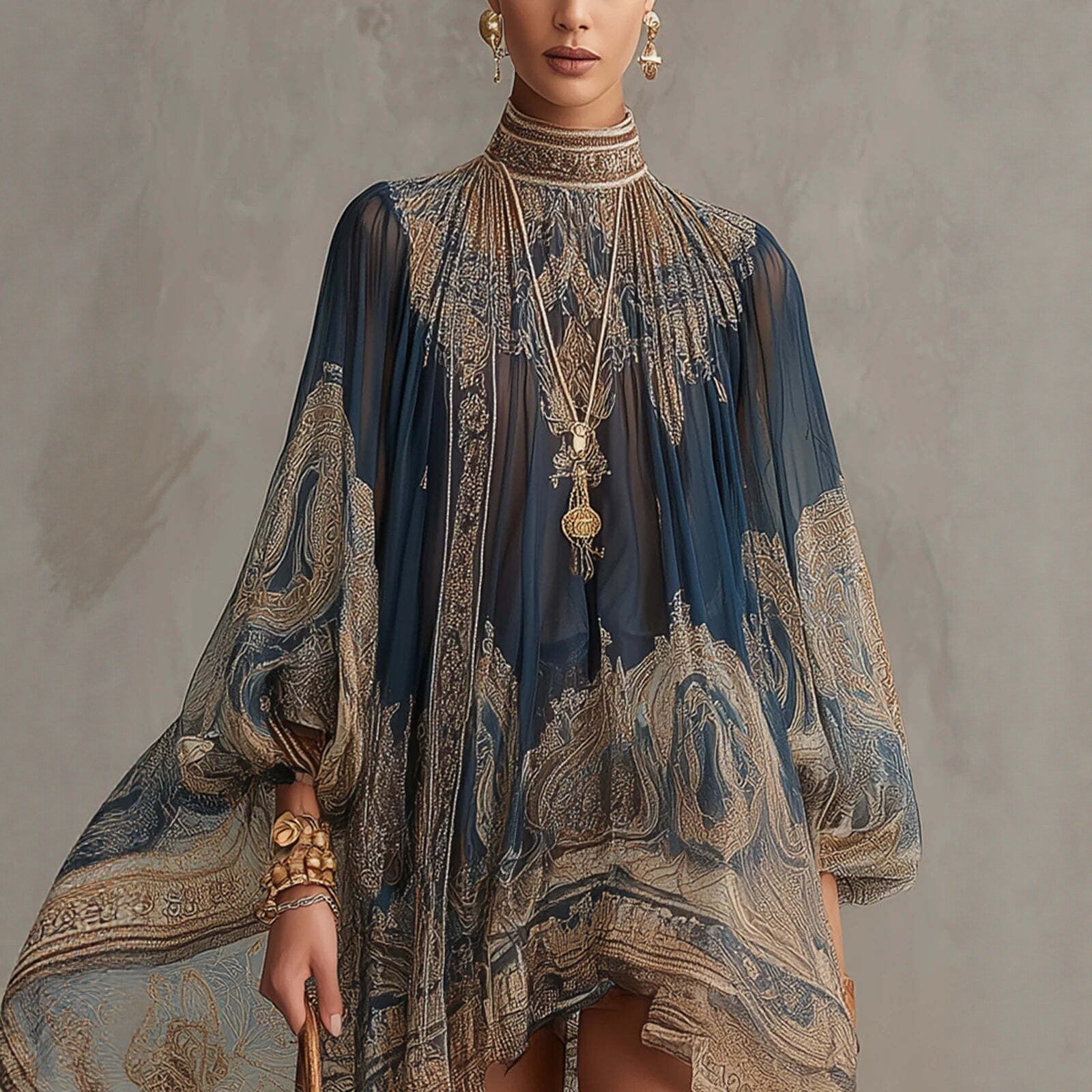 Navy blue printed puff sleeve stand collar boho dress with loose fit and asymmetric hem for women by FitiqueFit.