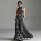 Style Sleeveless High Neck Top with Elegant Long Dress Two-Piece Set