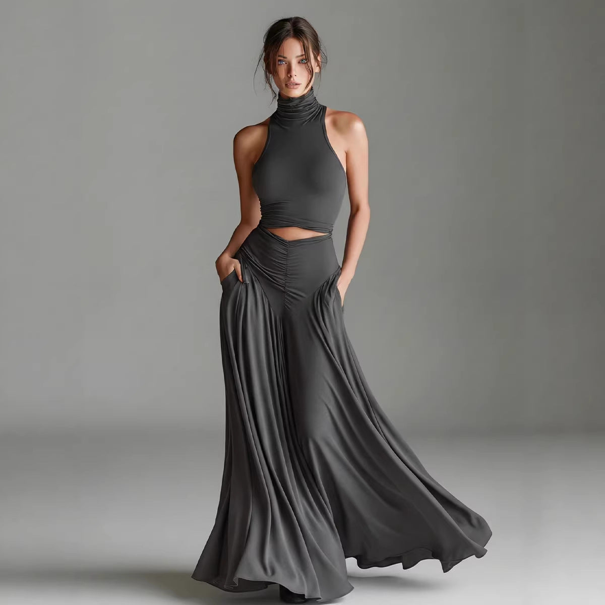 Style Sleeveless High Neck Top with Elegant Long Dress Two-Piece Set