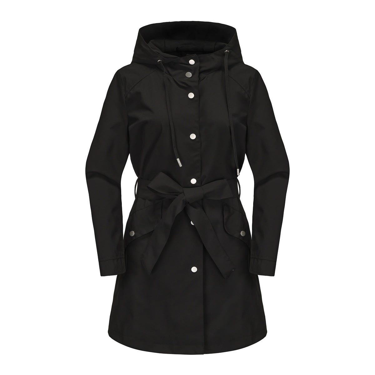Black smooth waterproof jacket, hooded, with silver snap buttons, drawstring, and a matching waist tie belt.