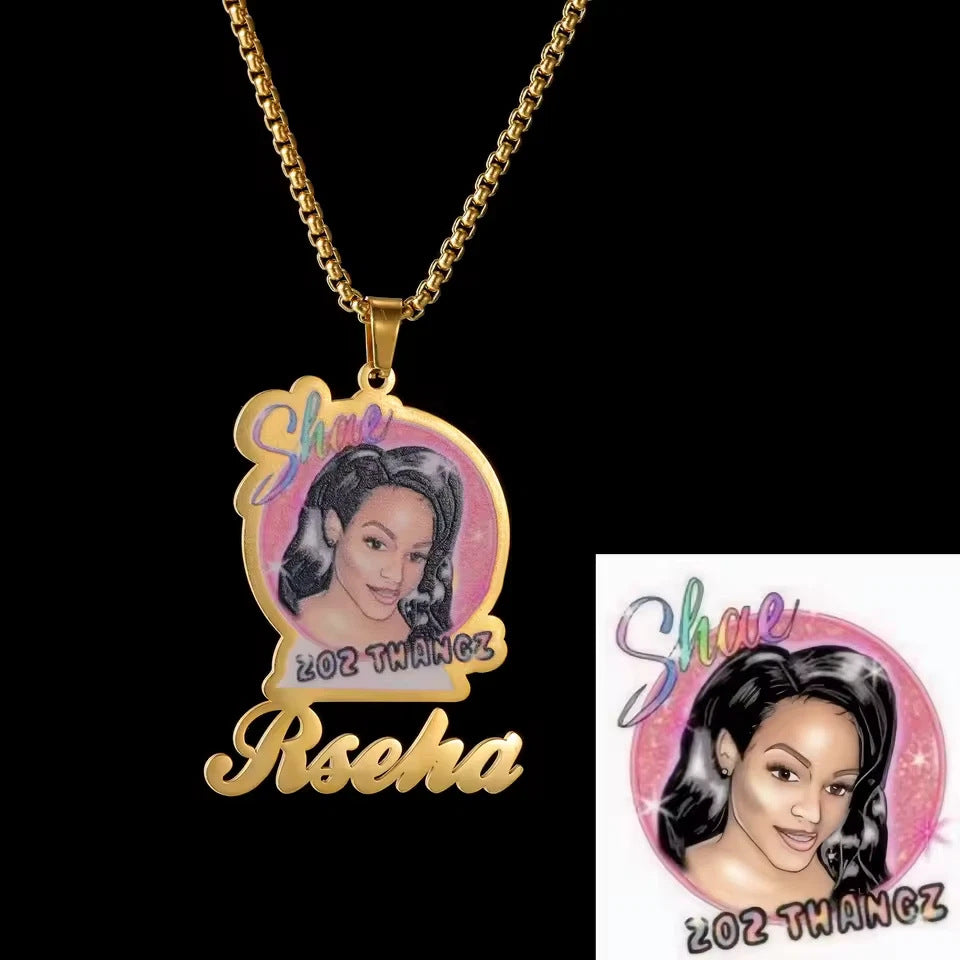 Gold box chain necklace with a custom pendant featuring an illustrated woman, text "Shae" and "Rseha".