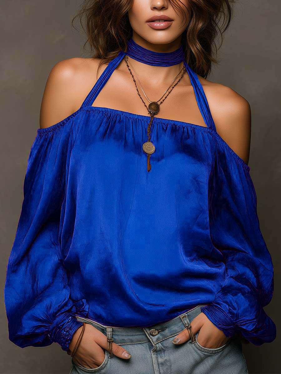 Women's satin halter neck blouse with long sleeves in five colors, shoulder-baring top by Plush Fashion Hub.