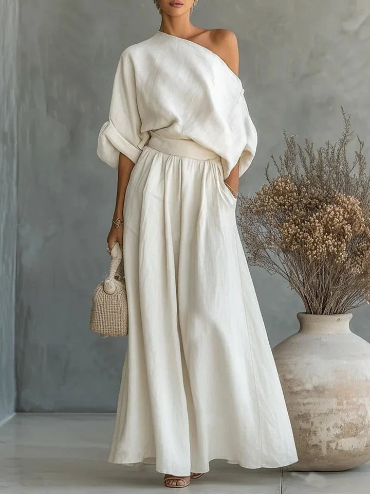 Elegant Fitted Asymmetrical Shoulder Top and Pants Two-Piece Set
