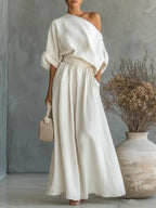Elegant Fitted Asymmetrical Shoulder Top and Pants Two-Piece Set