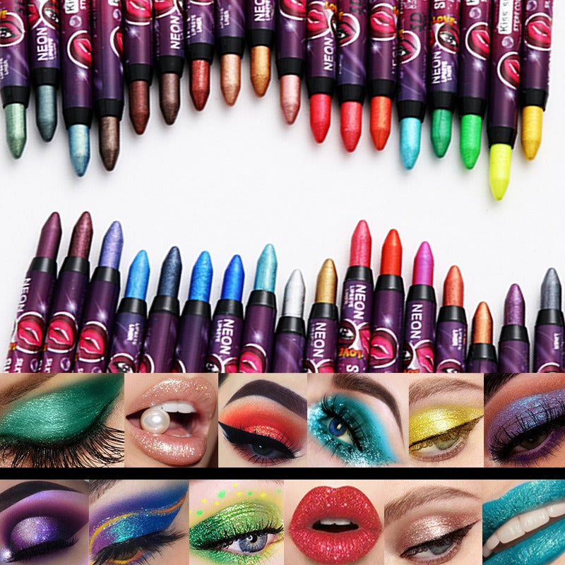 Colorful shimmer makeup pencils and swatches showing eye and lip looks.