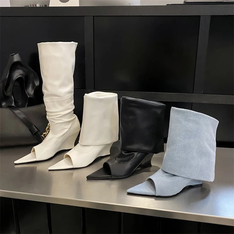 Elegant Plush Fashion Hub peep-toe wedge boots with stylish design and chunky heel, perfect for a chic fall look.