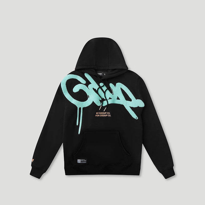 Unisex casual loose hoodie with embroidered letter design from Plush Fashion Hub, featuring a comfortable fit and stylish look.
