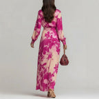 Women's floral printed chiffon maxi dress with long sleeves, V-neck, and tie-up waist by FitiqueFit, perfect for elegant occasions