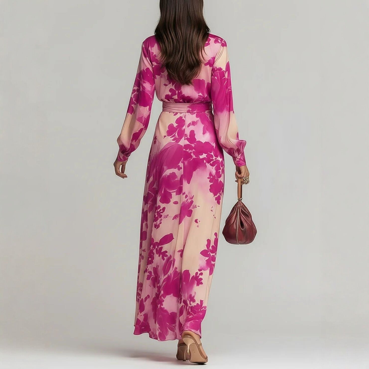 Women's floral printed chiffon maxi dress with long sleeves, V-neck, and tie-up waist by FitiqueFit, perfect for elegant occasions