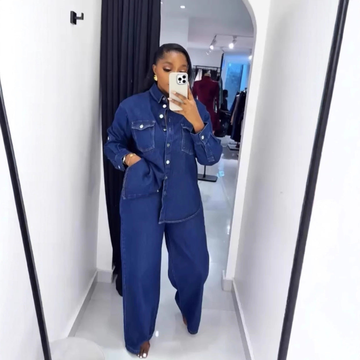 Vintage denim long sleeve shirt and straight leg pants two-piece set by Plush Fashion Hub, shown with detailed fabric and fit.