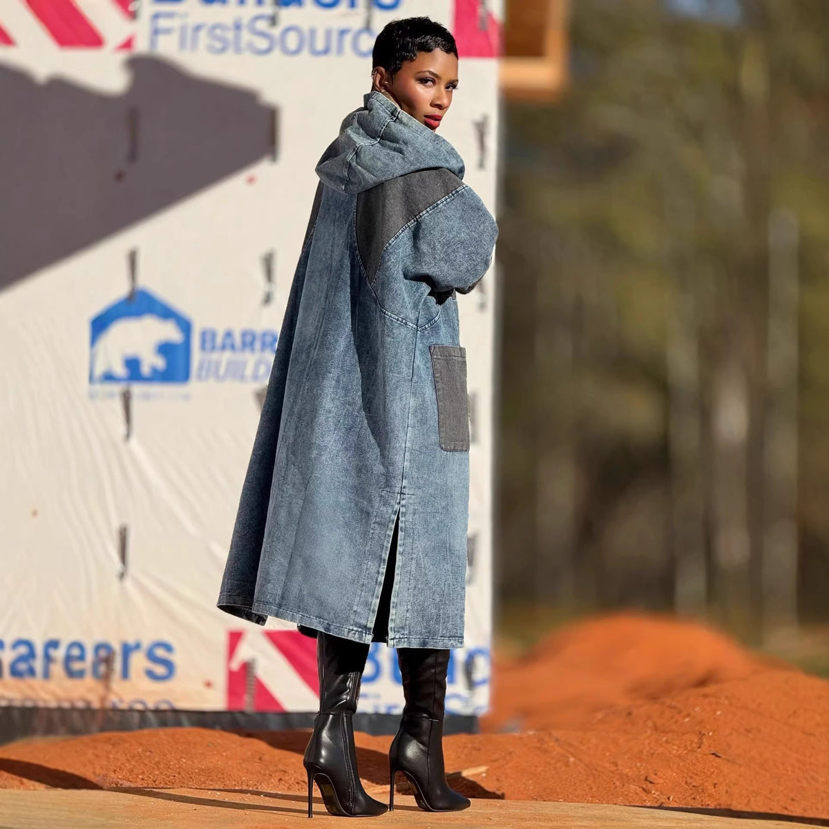 Hooded mid-length distressed bleached split denim dress by eprolo, featuring a casual fit with a split front and distressed details.
