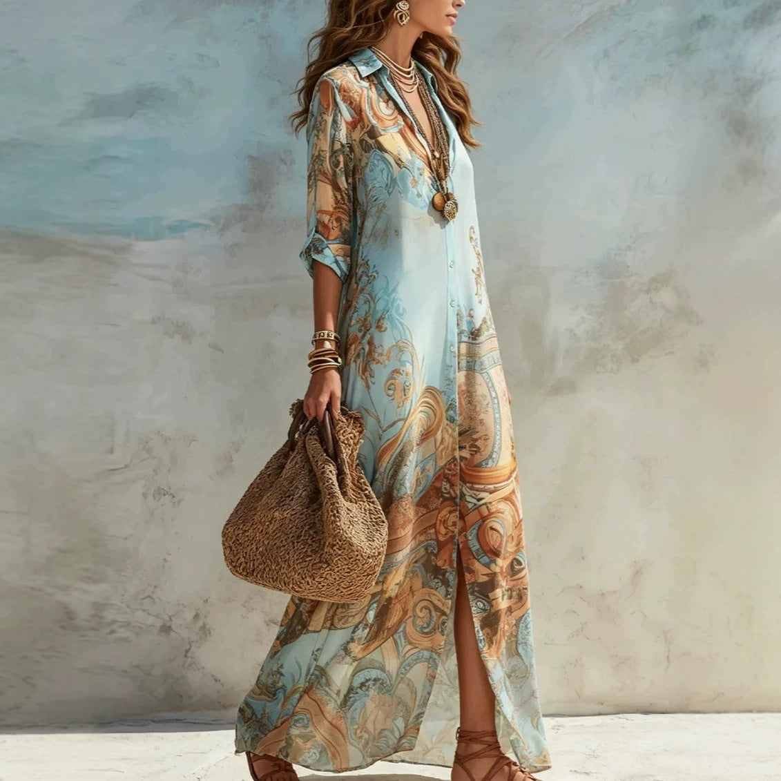 Blue printed chiffon resort beach dress with turn-down collar and split design by eprolo, perfect for summer vacations.