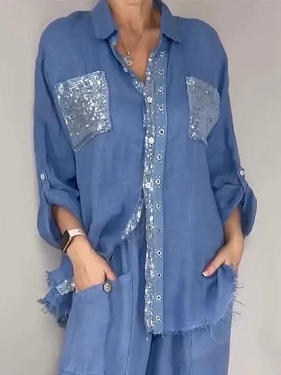 Women's sequin pocket button-up shirt and wide-leg pants set by Plush Fashion Hub, featuring shimmering sequins and stylish design.