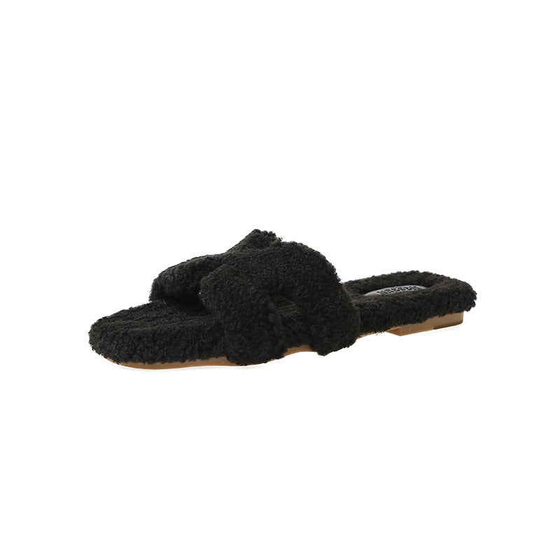 Rainbow lamb fur suede slide sandals by Plush Fashion Hub featuring colorful fur accents and comfortable slip-on design.