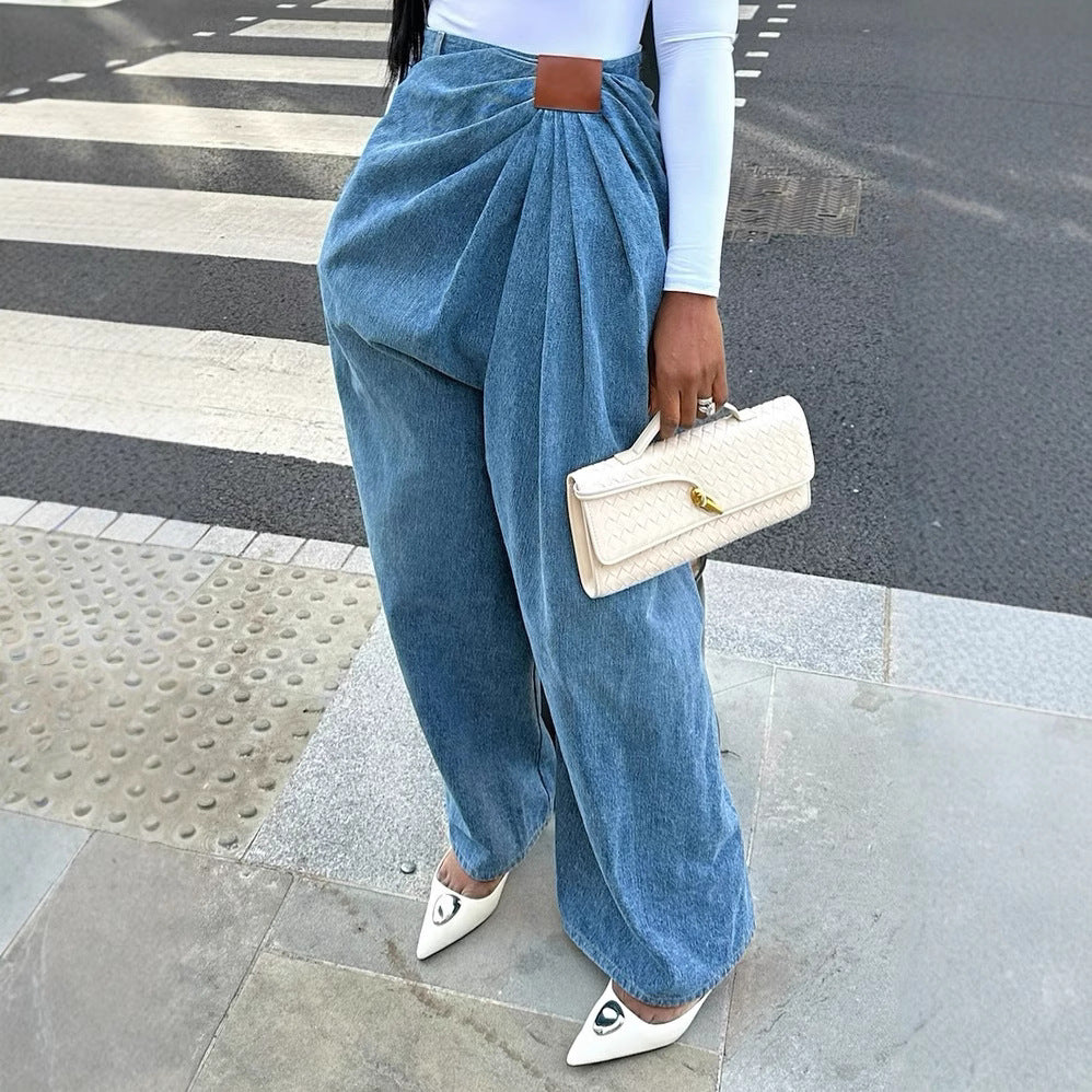 Women’s high-waisted wide-leg washed denim pants by Plush Fashion Hub, featuring a relaxed fit and classic denim wash.