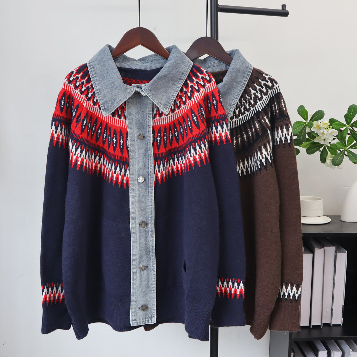 Blue knit sweater with a denim button-down collar and placket, featuring a red and white Fair Isle yoke pattern.