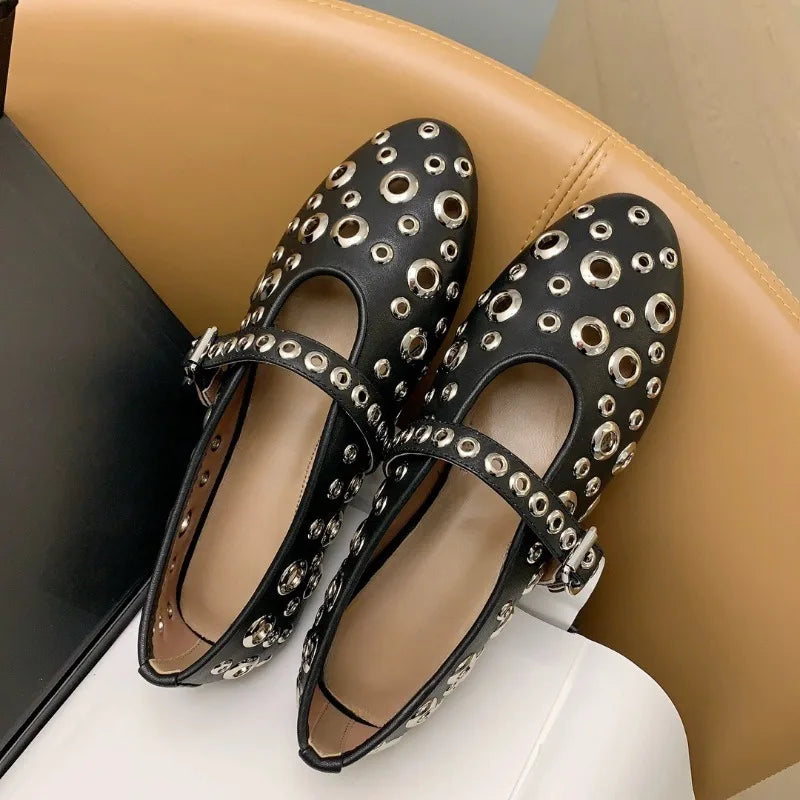Plush Fashion Hub riveted round toe Mary Jane flats with strap and buckle, stylish and comfortable footwear for women.