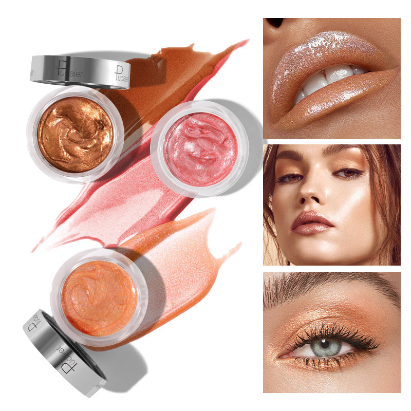 Three pots of metallic cream makeup in bronze, pink, and peach with matching swatches and model application shots.
