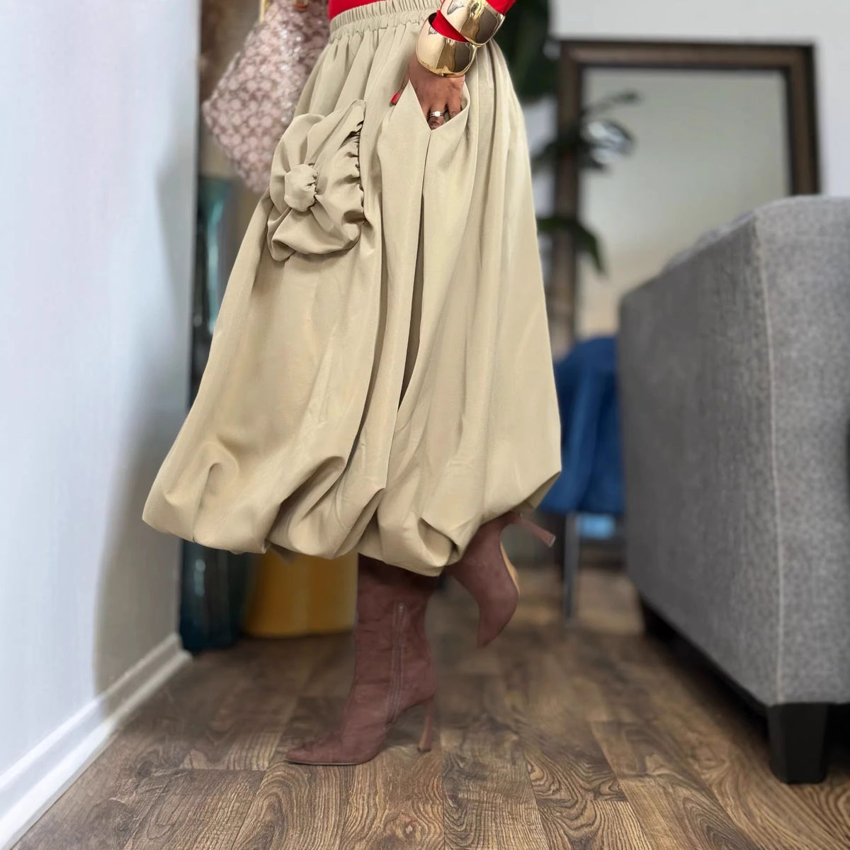 Eprolo 3D flower puff pocket double layer bubble lantern skirt with floral design and layered fabric, stylish and vibrant.