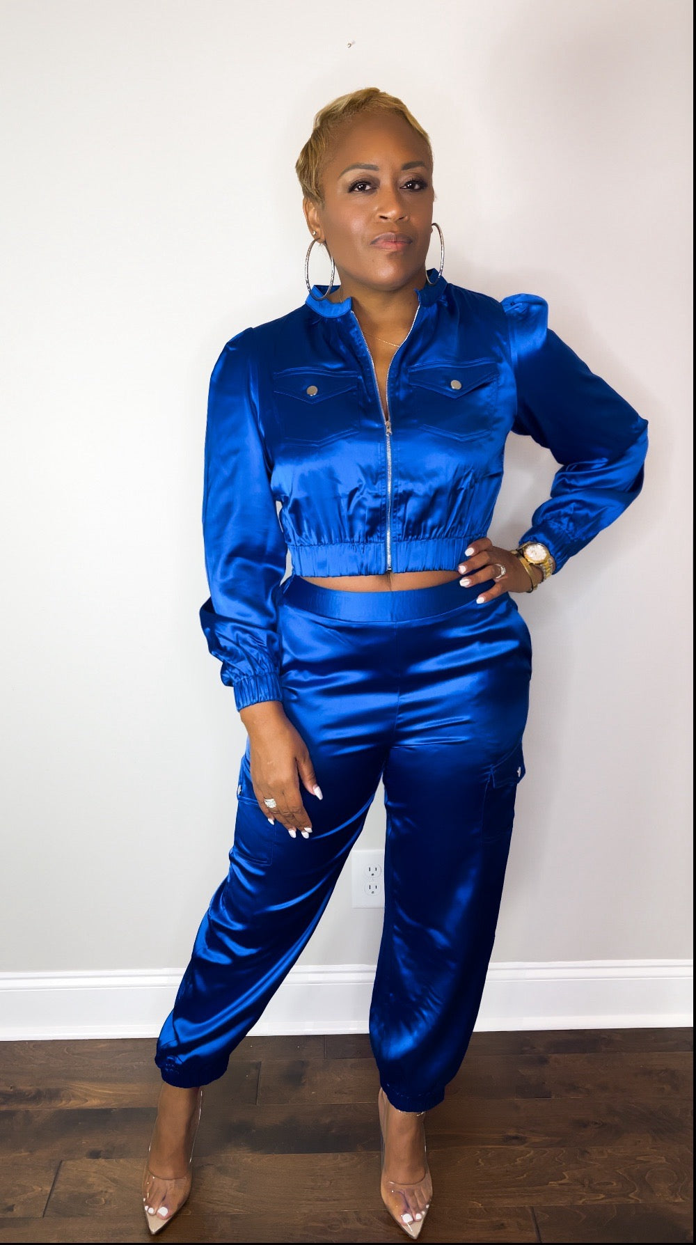 Blue Satin Cargo Jogger Set The Bella Noire Store