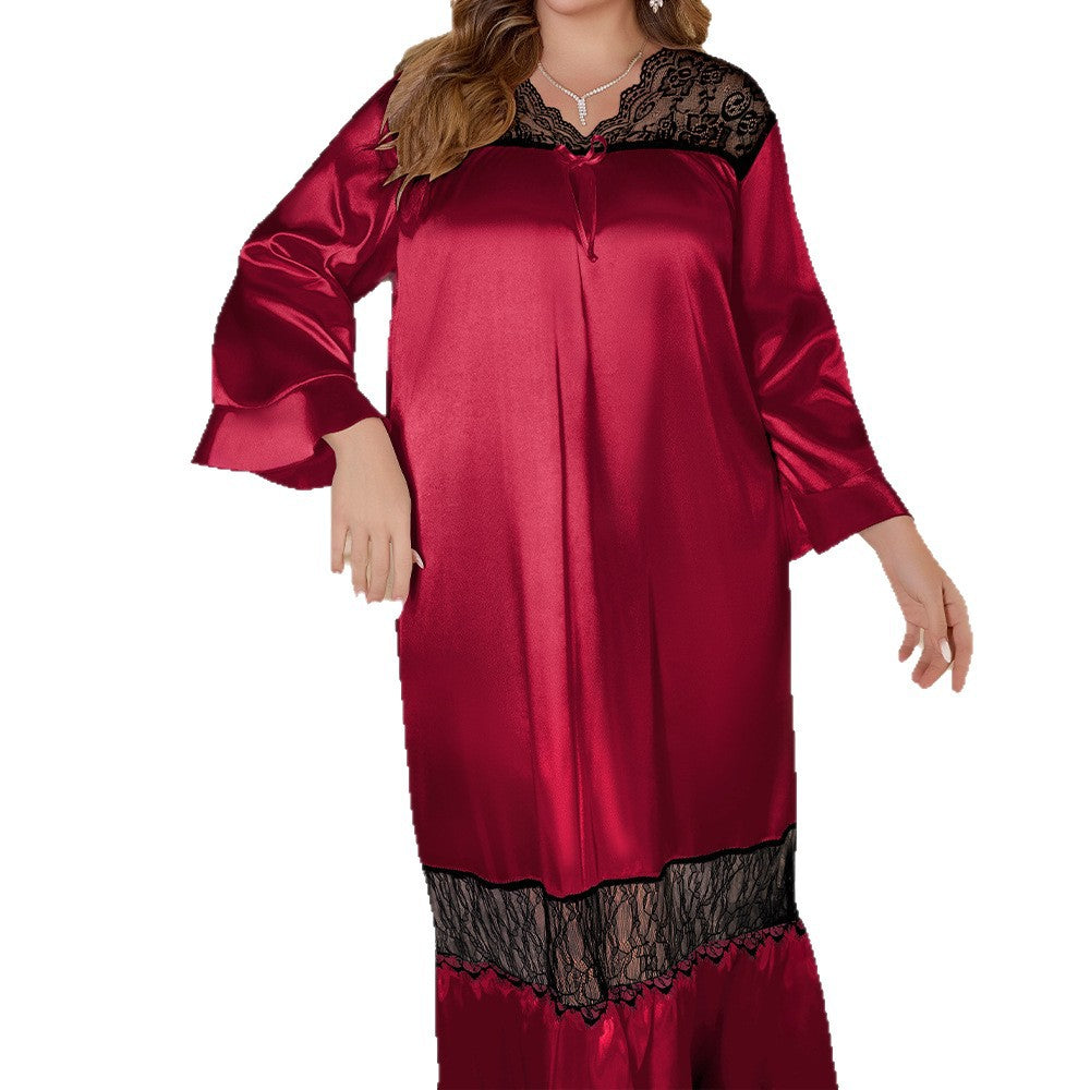 Red satin nightgown with long flare sleeves, black lace trim at the v-neck and hem, and a tie closure.