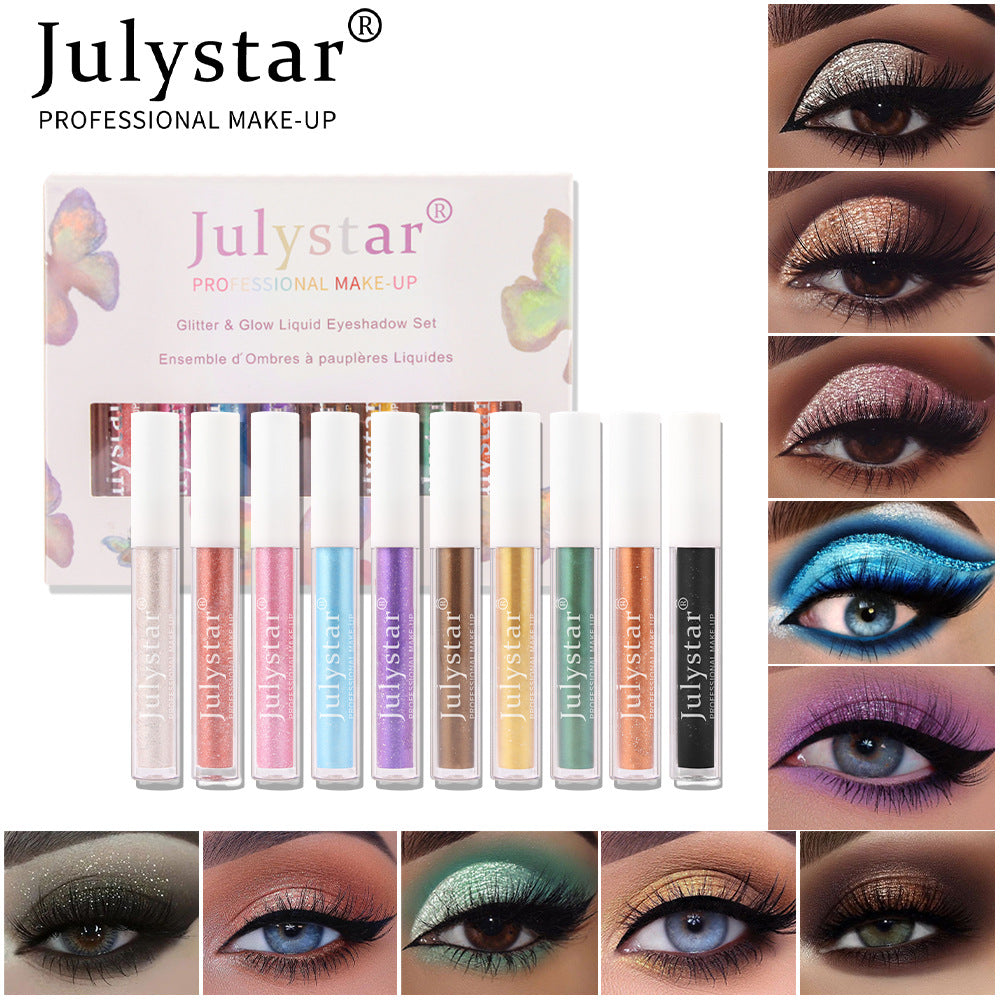 Julystar glitter liquid eyeshadow set with white tubes, clear packaging, and ten colorful shades shown on eyes.