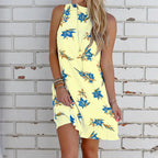Multicolor sleeveless halter dress for women by Trendy Attic Store01, featuring vibrant patterns and a stylish halter neckline.